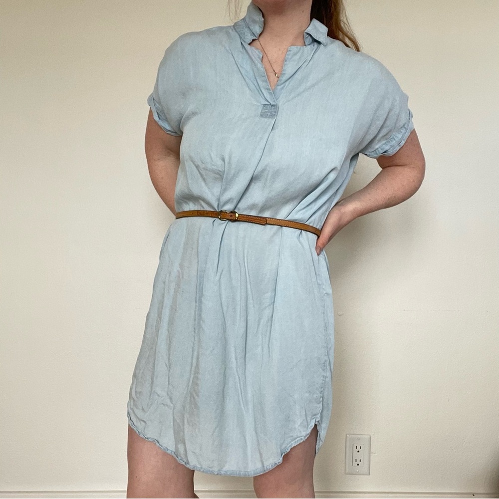 Light Blue Linen Shirt Dress with Belt